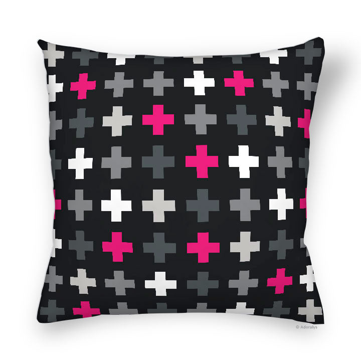 Housse de coussin | Motif de croix - Noire et rose
