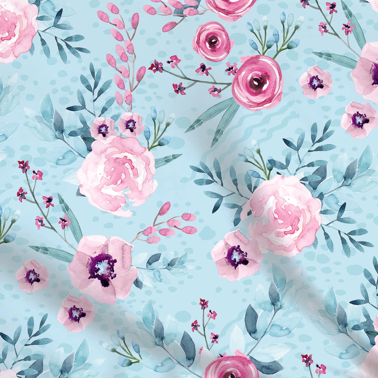 Tissus | Roses en aquarelle sur fond bleu