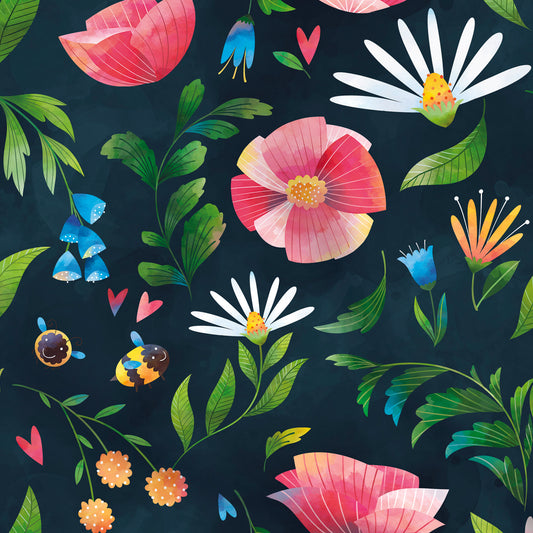 Tissus | Fleurs & abeilles - Vert foncé